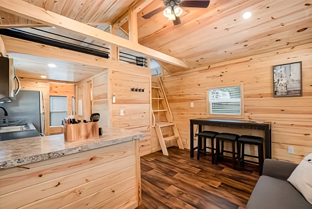 Wood interior of a Park Model RV highlighting warm finishes and practical design for tiny homes in Brevard