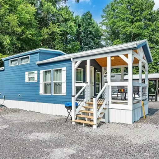 A blue tiny home
